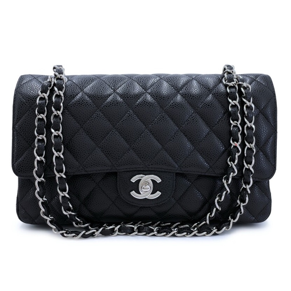 Stunning caviar leather Chanel Medium Classic Double Flap black Silver Hardware